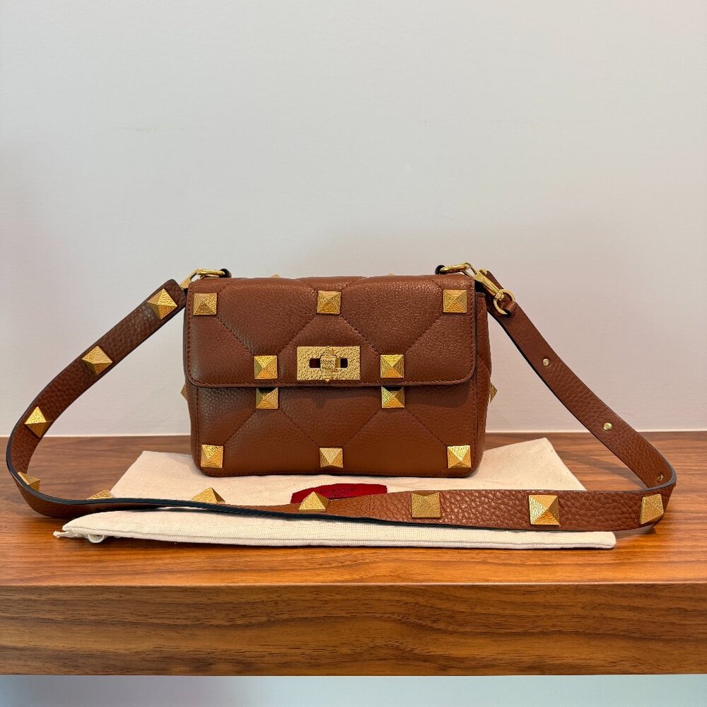 Valentino Rockstud Shoulder Bag in Cognac Brown with Gold Rockstuds
